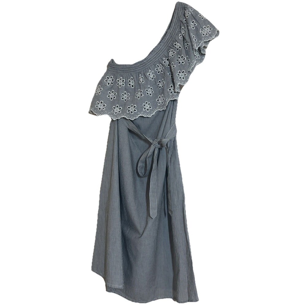 SO One Shoulder Dress Womens S Blue White Stripe Ruffle Crochet Floral Cotton